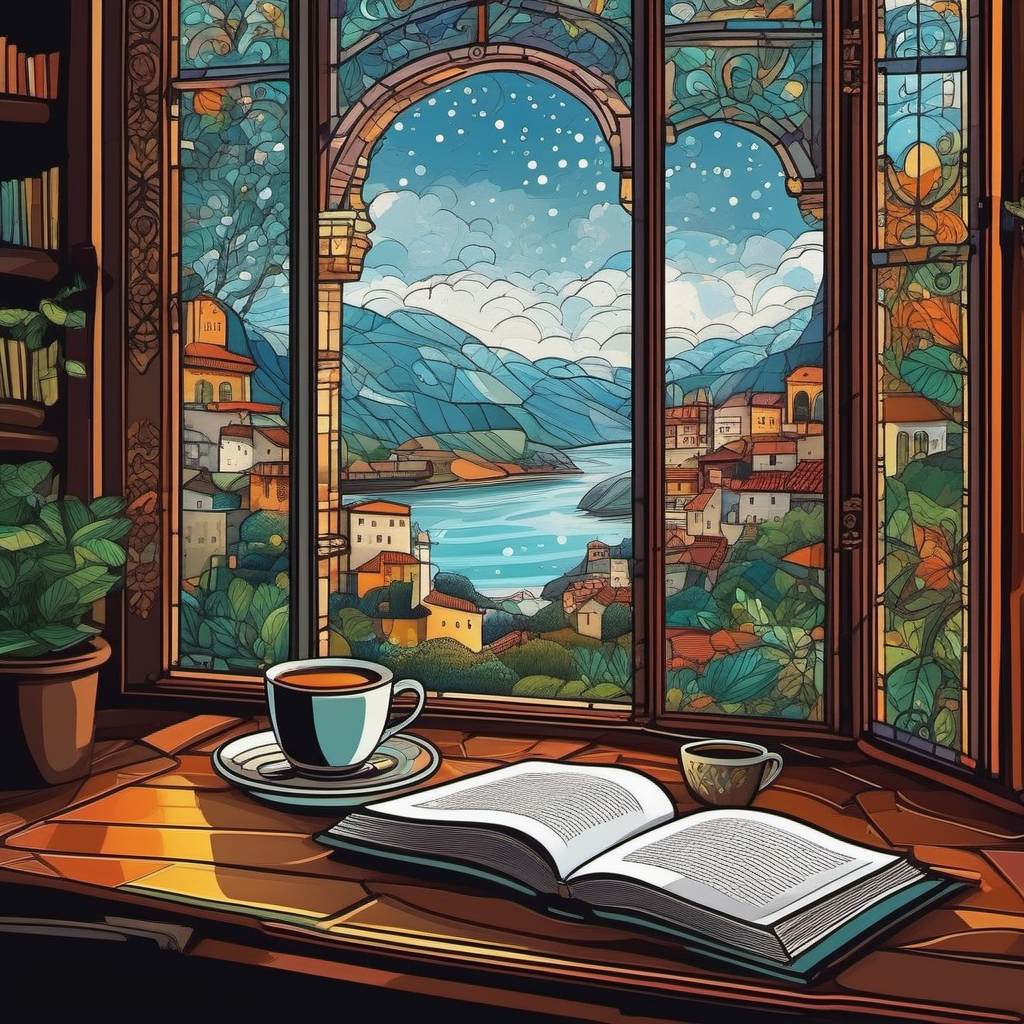 Imagen con una ventana en la que se ve el exterior y delante un libro con un café